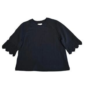 14th and Union Top Womens Small Black Cropped Crewneck Lace Sleeve Sweatshirt